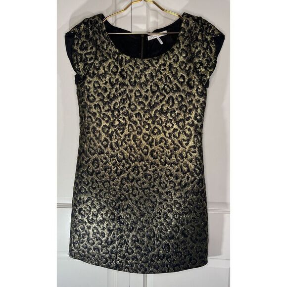 Black Gold Metallic Leopard Dress French Connection Shift Dress Size 4 - Picture 1 of 9